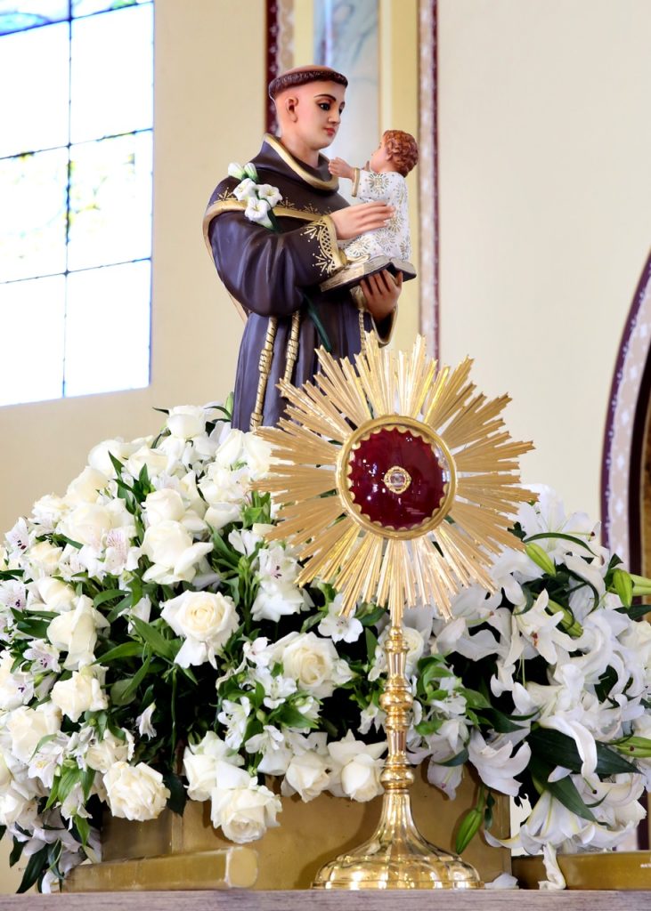 Imagem, pequena, de Santo Antônio de Pádua preparada para uma festa em sua honra.